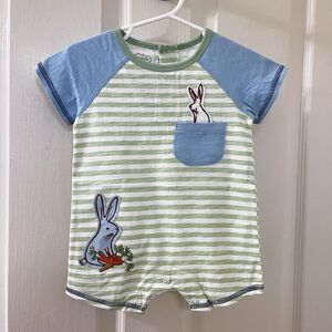 Mud Pie Green Striped Bunny Applique Easter Shortall Romper Boys 6-9 Months NWT